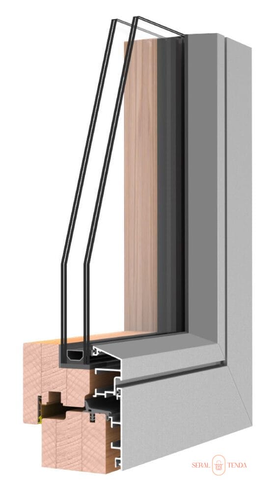 Illustrazione di una finestra con cornice in legno.
